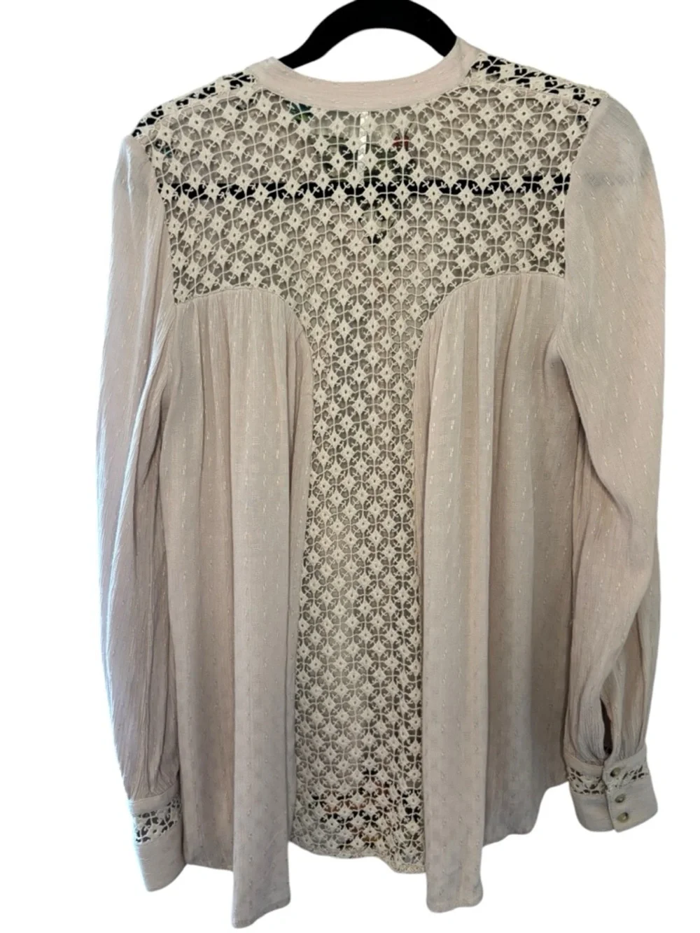 Free People Lace Back Boho Blouse XS Cream Button Front Sheer Long Sleeve - Picture 4 of 9
